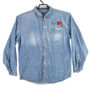 Mens Faded Glory Blue Denim Shirt Button Up Farm-Themed Embroidery Size LT